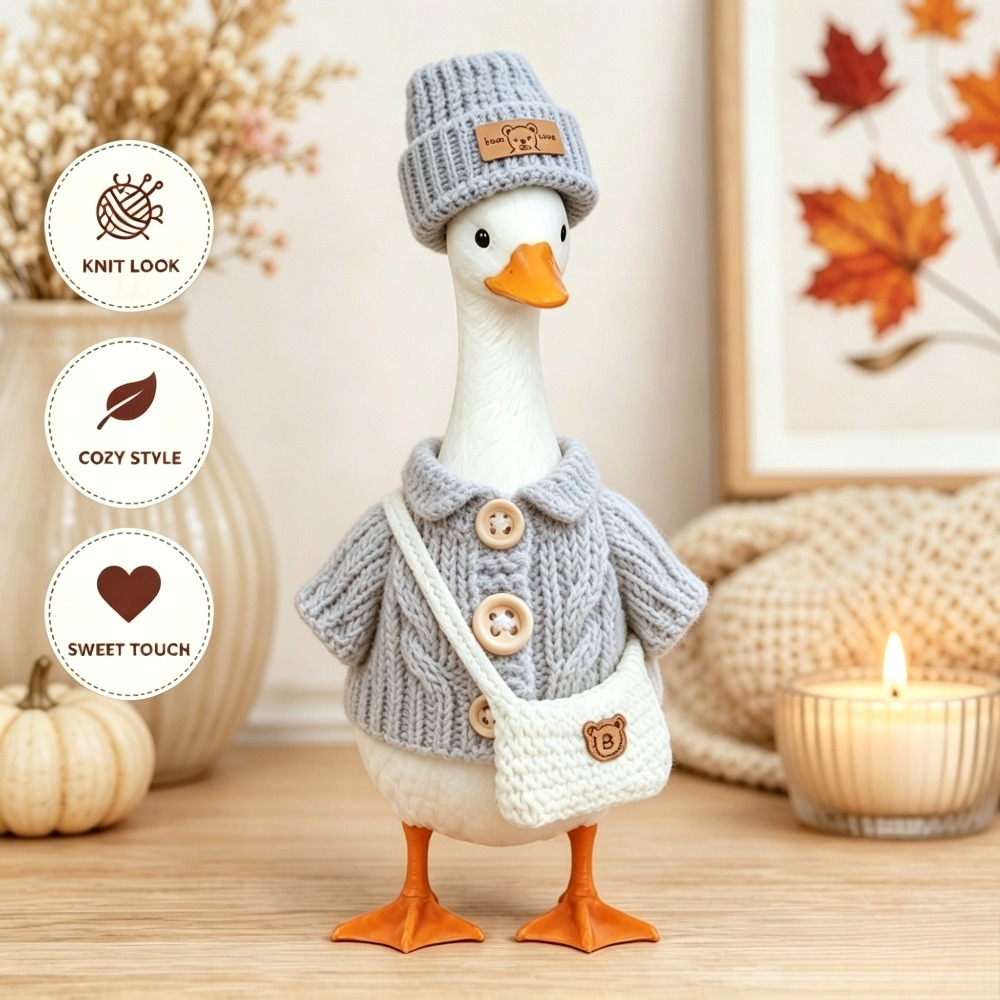TEMU Desktop Goose Statue Dress Up Accessory, Collectible Figurines, 7 Inch Tabletop Goose Outfit Set, Knit Cardigan Sweater, Bear Label Beanie Hat &