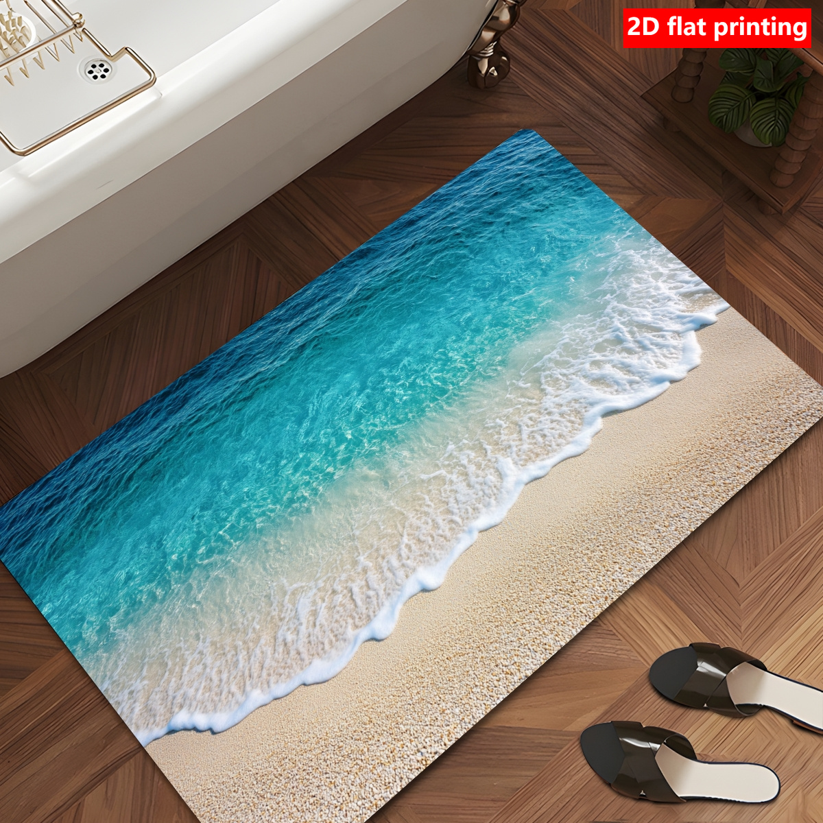 TEMU 1pc 2d Flat Printed Mat - Beautiful Ocean Wave Non-slip Floor Mat, Flannel, Suitable For Entryway, Bathroom, Kitchen, Living Room, Cafe, Bar,