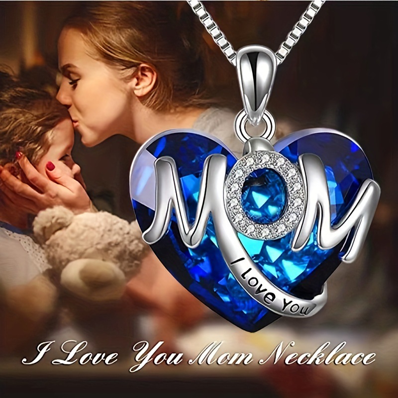 TEMU Blue Heart-shaped Necklace, Engraved With 'mom' And 'i Love You', Full Of , Suitable For Daily, Wedding, Party Wear, Suitable For Wives,