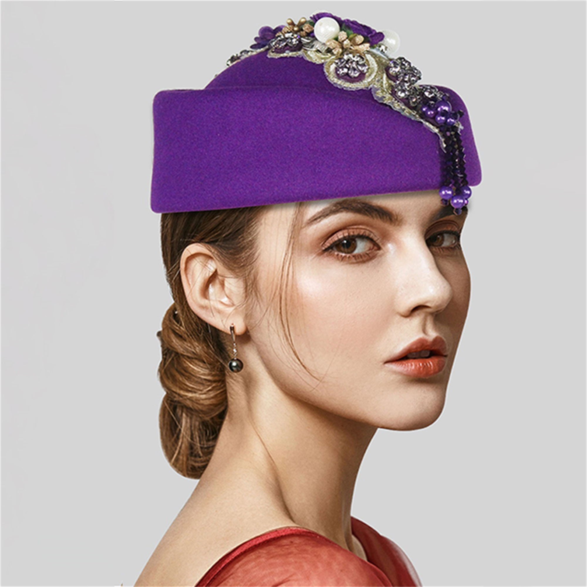 9663 British Women Vintage Church Hats, Derby Flower Felt Pillbox Hats, womens pillbox hat flowers vintage british style derby hats  main image 3