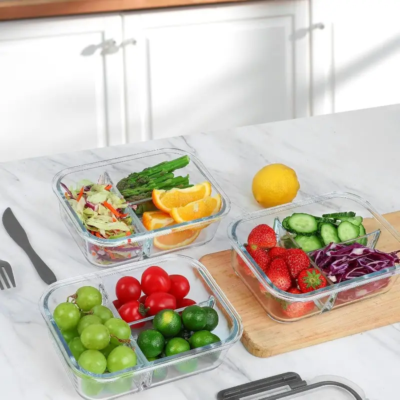 2025 glass meal prep containers 3 compartment with lids microwave oven dishwasher safe rectangular food storage containers for lunch portion control back to school bento box lunch box Product details 2