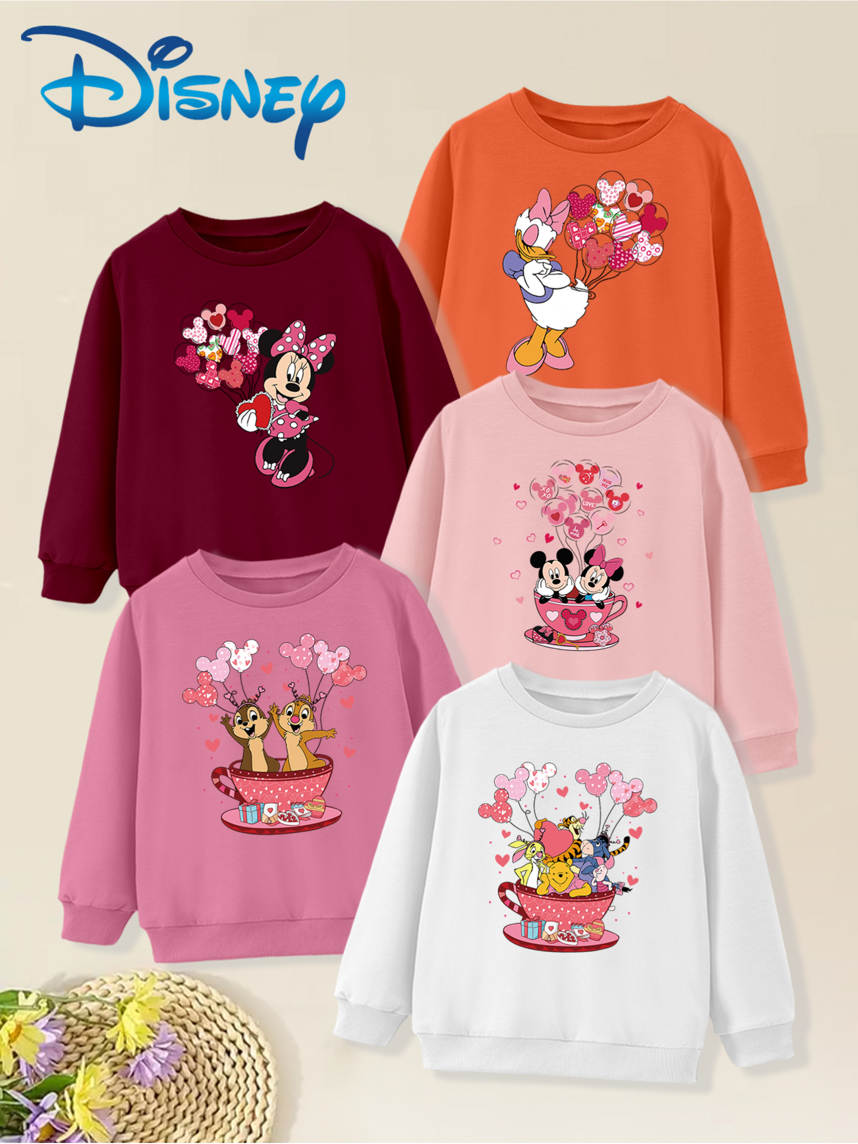 5-delig, Schattige Minnie en Daisy Cartoon Print, Modieuze Casual Lange Mouwen Crewneck Trui voor Meisjes, Trendy Veelzijdige Herfst/Winter Top, Herfst Winter Kleding,Cartoon Print Ontwerp,Comfortabel Materiaal,Gedrukte Crewneck Trui,Disney Karakter Shirt