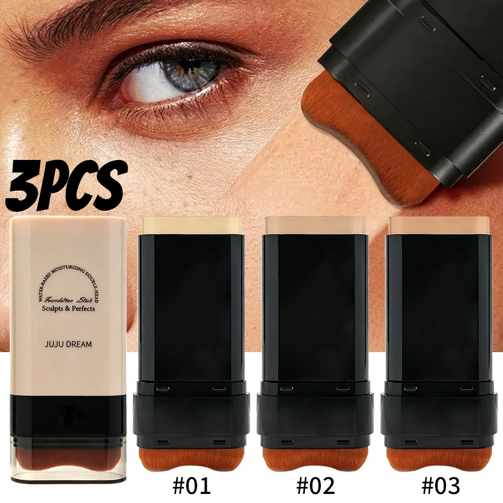 Image of 3pcs Makeup Foundation Stick Set, Creamy Foundation Stick With Built-in Brush, Face For Men And Women, Smooth Finish Makeup Base, #01 #02 #03 Colors