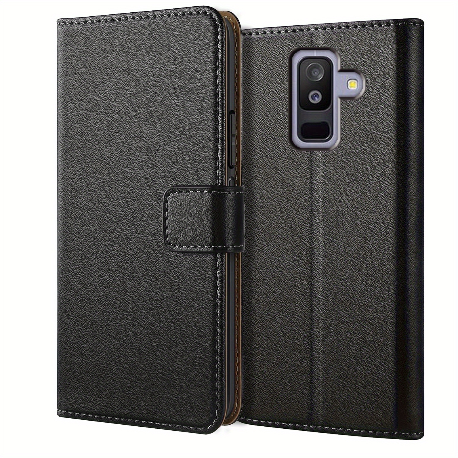 TEMU Étui téléphone : pour Galaxy A6 (2018) / Galaxy A6 Plus (2018) / Galaxy A6+ - Étui portefeuille noir avec support intégré, en simili cuir, coque