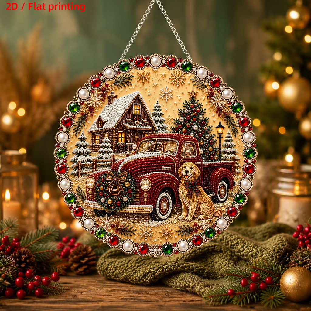 TEMU 2d Flat, New 2d/flat Printing Diy Acrylic Pearl Rhinestone Pendant Kit, Featuring A Christmas And Golden Retriever In A Design, Sun-catching,