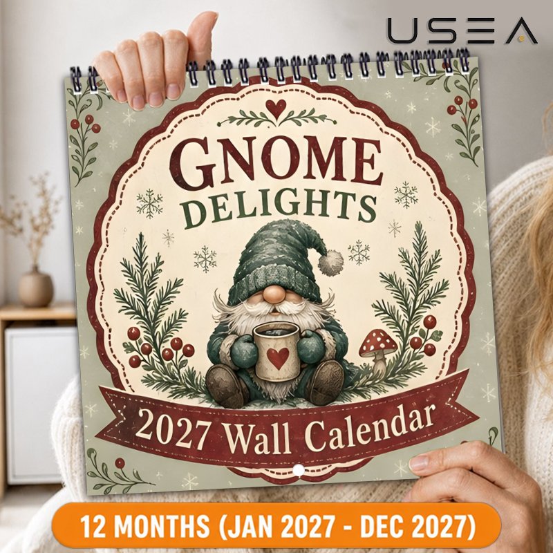 TEMU 1pc 2027 Wall Calendar, 2027 Vintage Gnome Hanging Wall Calendar, 8.3x8.3 Inch Square, Twin Wire Spiral, 12-month Monthly Planner, Yearly