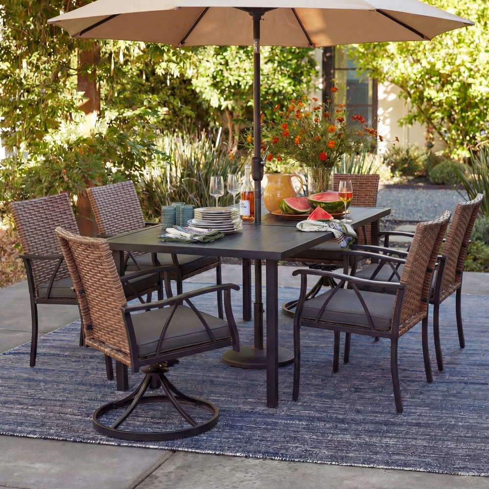 Andehomy 7pcs Patio Dining Set with 6 Chairs And 1 Table, Outdoor Dining Set with 2 Wicker Swivel Patio Dining Chairs with Cushions & Black, Rectangular Woodgrain Metal Dining Table with 1.75