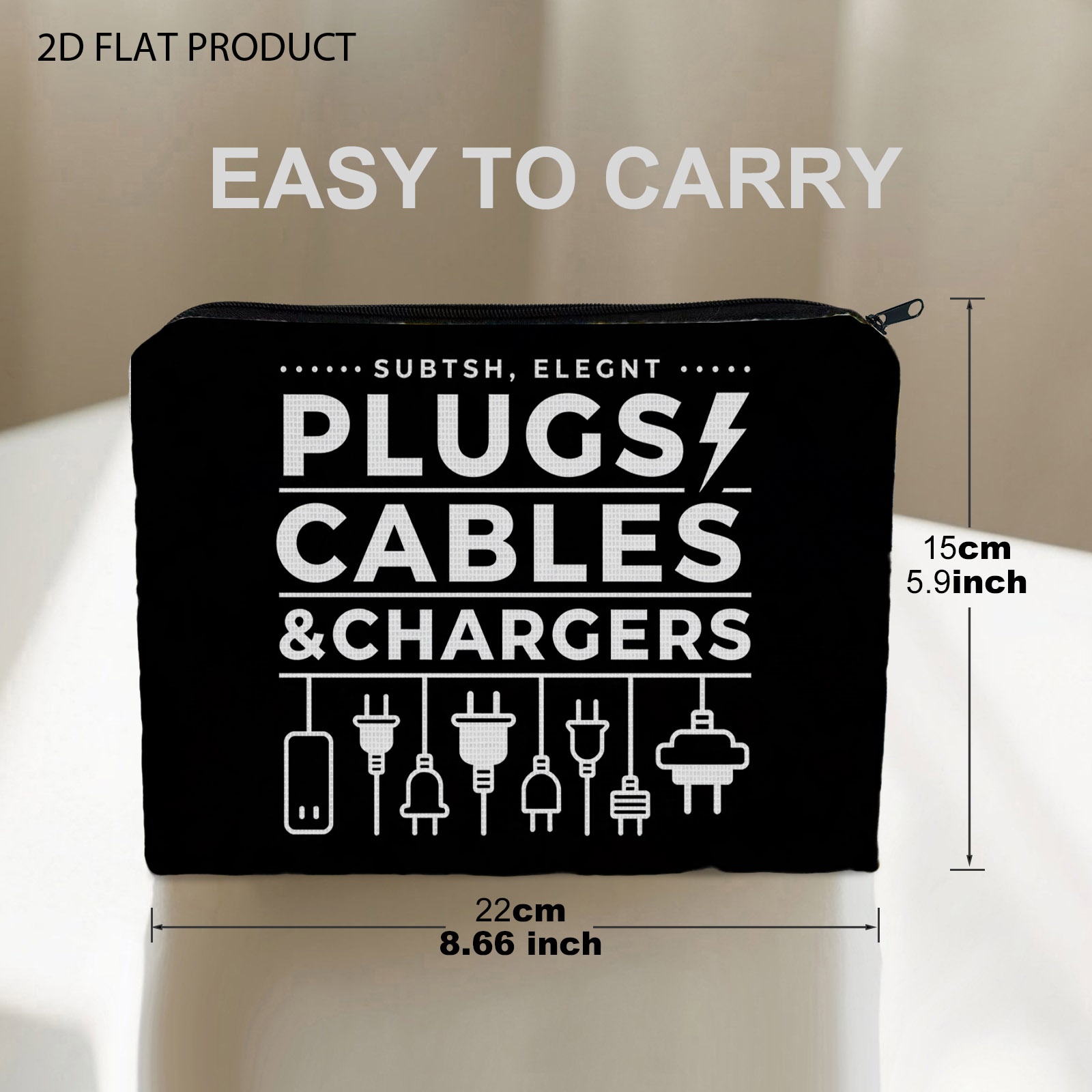 TEMU Black & White Graphic Makeup Bag, Polyester Travel Pouch With Plugs Cables & Print, Lightning & Electrical Accessory Pattern, 5.9in*8.66in