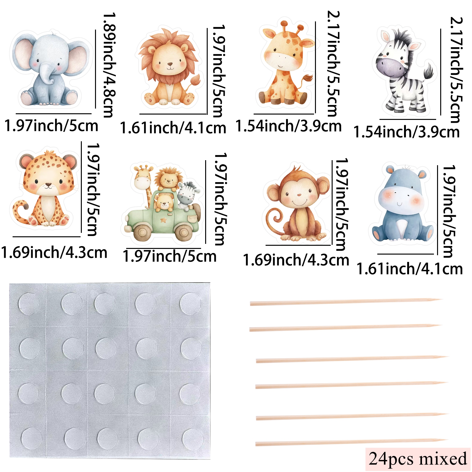 Image of 24pcs Mixed Cartoon Wild Animal Topper | Watercolor Tiger/elephant/monkey Cupcake Toppers For Jungle Animal Birthday Party Decoration Cake Supply, Halloween, Christmas