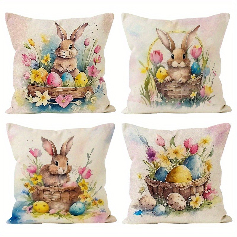 

4pcs Vintage Easter Bunny And Egg Throw Pillow Covers, Geometric Pattern, Zippered Polyester Cushion Cases For Living Room Decor, Machine Washable - Pillow Inserts Not Included