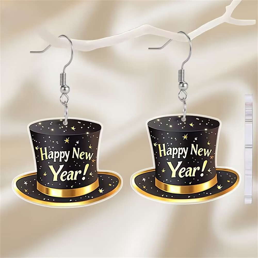 TEMU 1pair Happy New Year Top Hat Dangle Earrings, Black Acrylic Hook Earrings