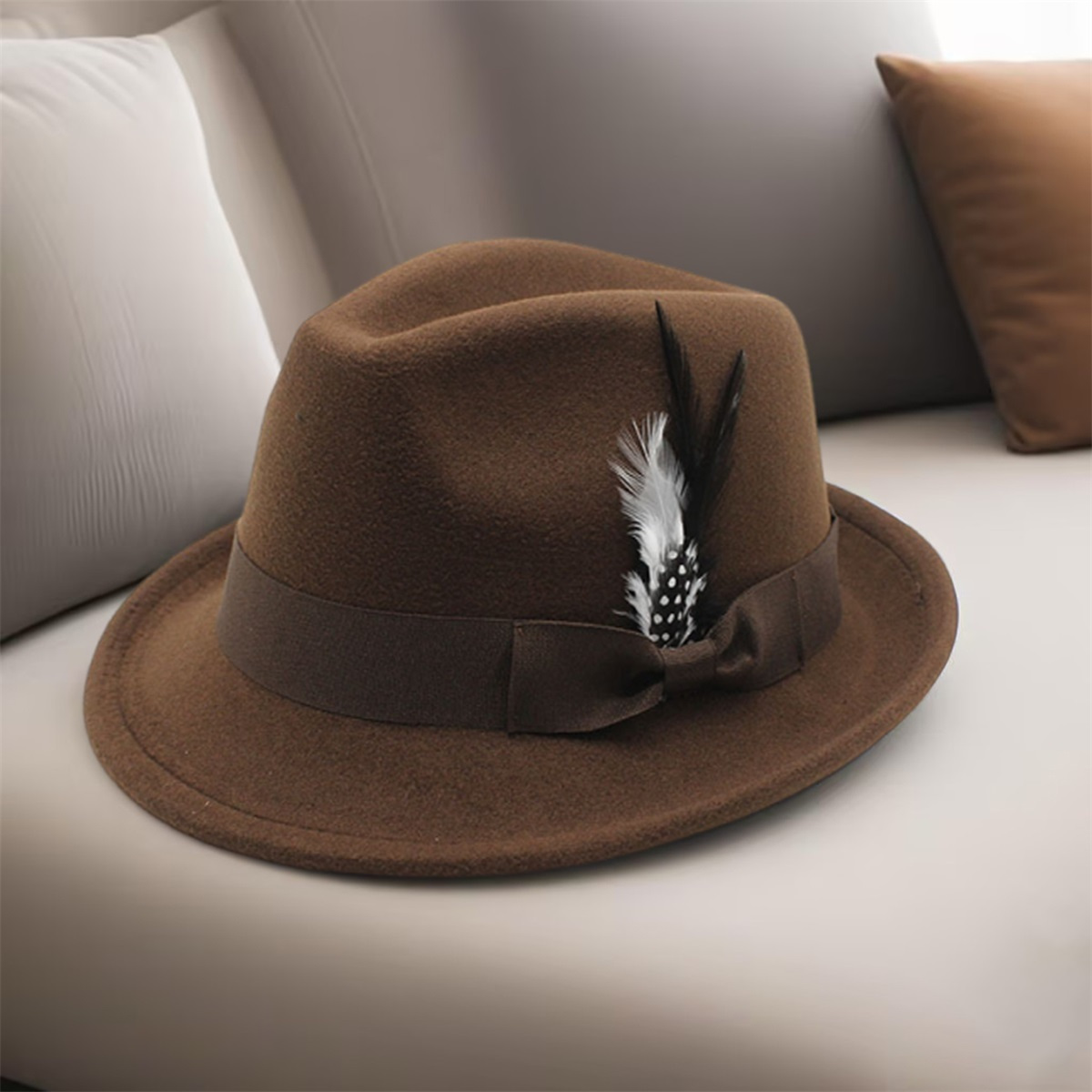 men women vintage jazz fedora hat feather lightweight felt  display picture 3