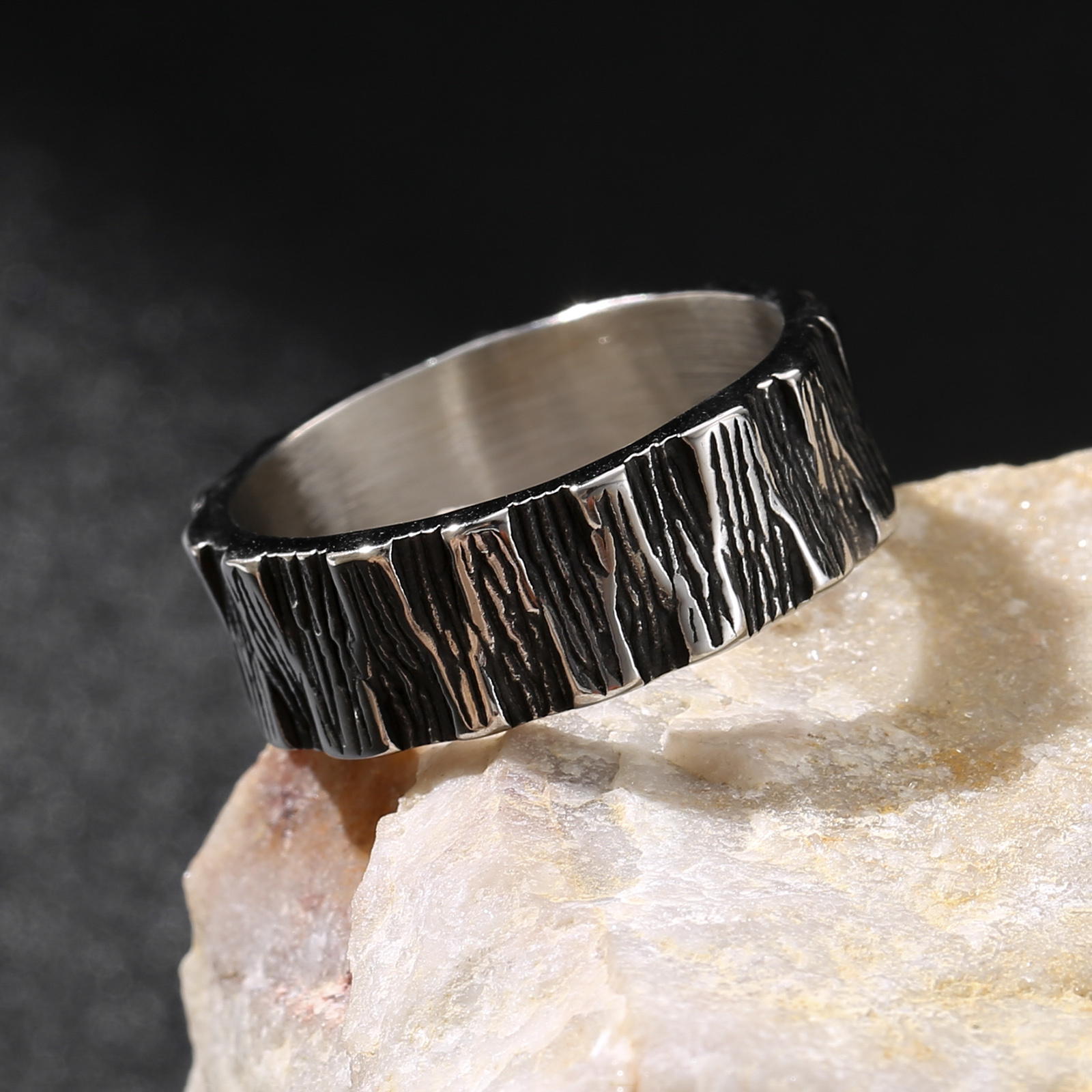 Image of 1pc 304l Stainless Steel Silvery And Vintage Texture Ring Retro Men' S Ring Men' S Ring Ring Gift Vintage Style 304l Stainless Steel Jewelry