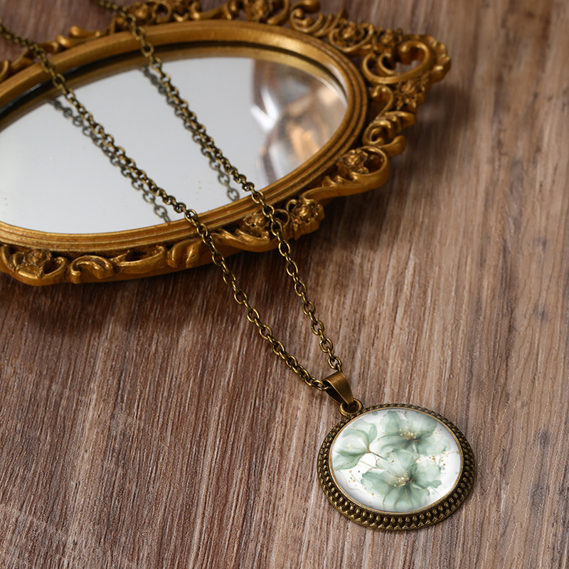 Mint Blooms with Gilded Touch Necklace, Handcrafted Glass Pendant