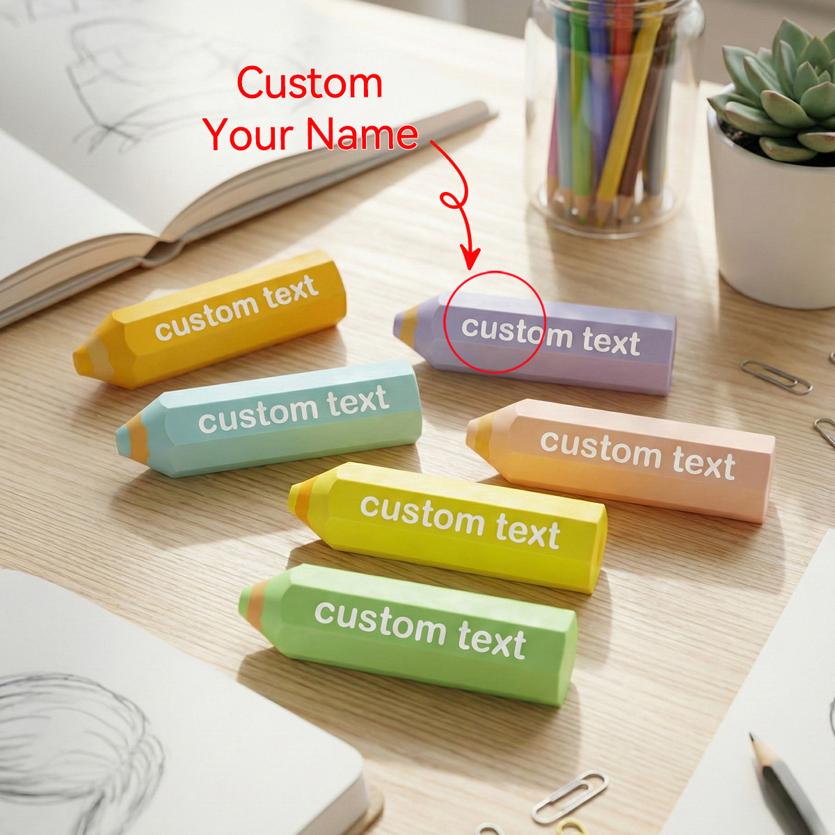 TEMU (custom Item) 6pcs Set, Customizable Personalized Name Erasers, Cute 6-color 6-sided Erasers, Easy To Erase And , Fun Stationery, Suitable For