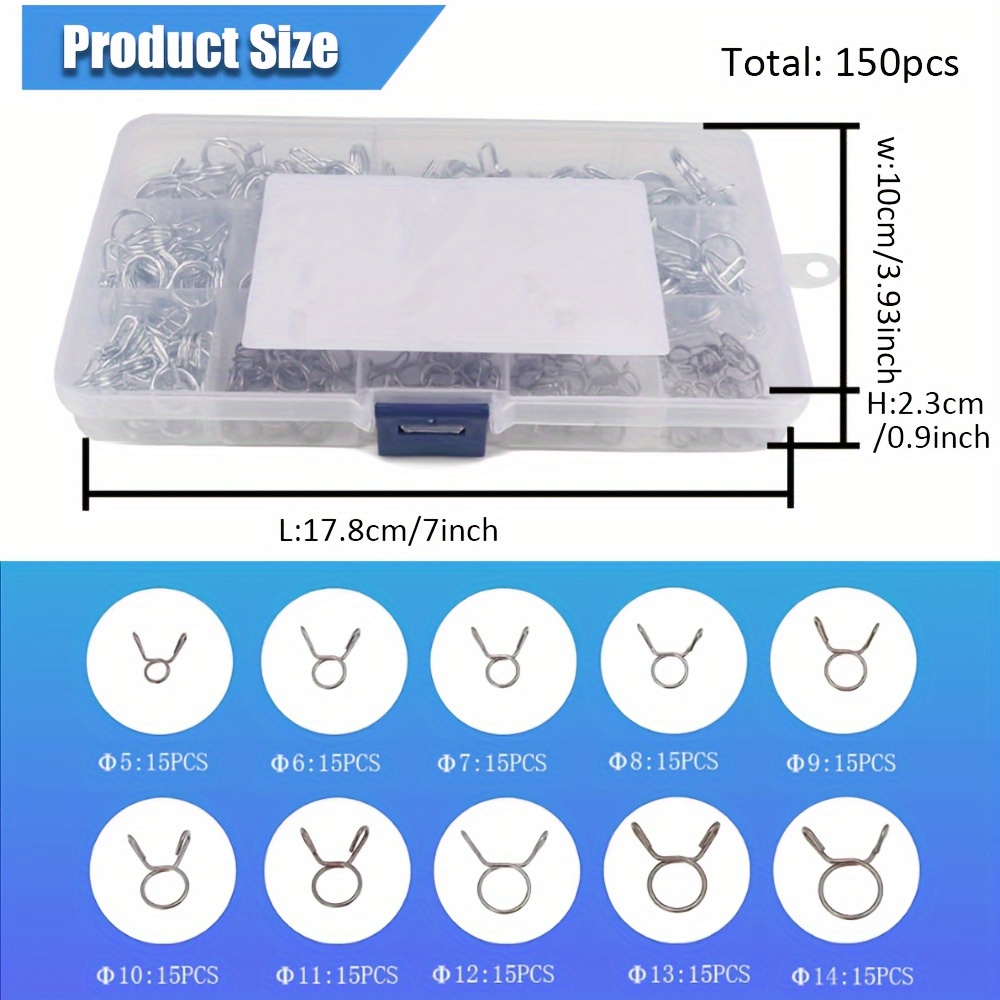 E-shop 150 Stück Edelstahl-Sprunghoseclips, Doppelreihe, 5-14mm, Verpacktes Sortiment für Kraftstoffleitungen, Bewässerungsrohre, Luftrohre, Hoseclips