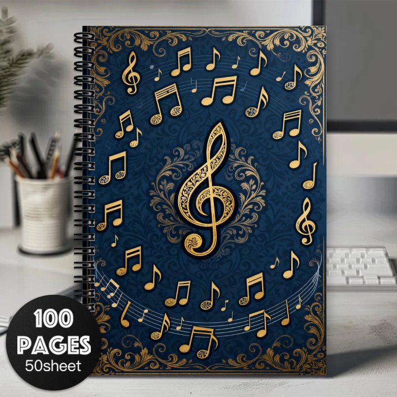 TEMU 1pc Blank Spiral Notebook Journal - Elegant Music Themed Design With Golden Treble Clef And Notes, School Office Supplies, Great Gift For Friend
