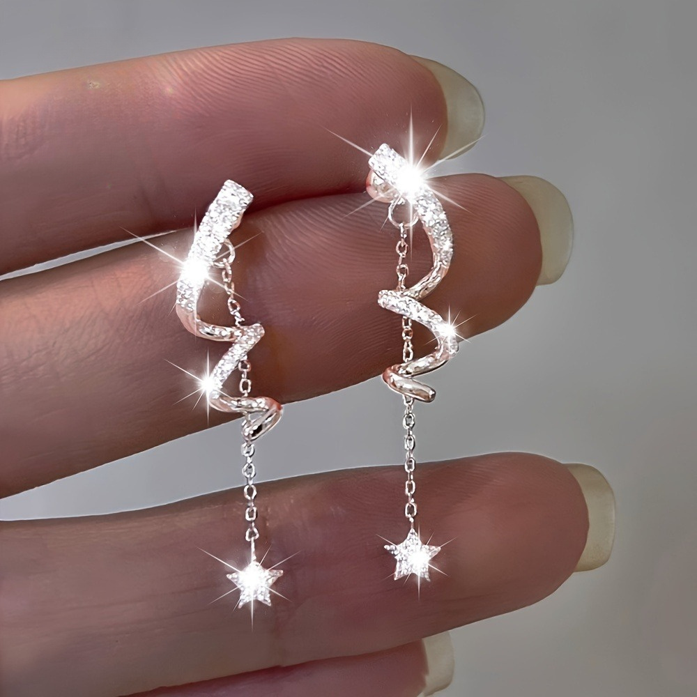 

Elegant Star Tassel Earrings, Twisted , Studded With Sparkling Crystals, 925 Silver Needles, Copper , Silver Plated, Stylish Tassel Earrings For Women, Party And