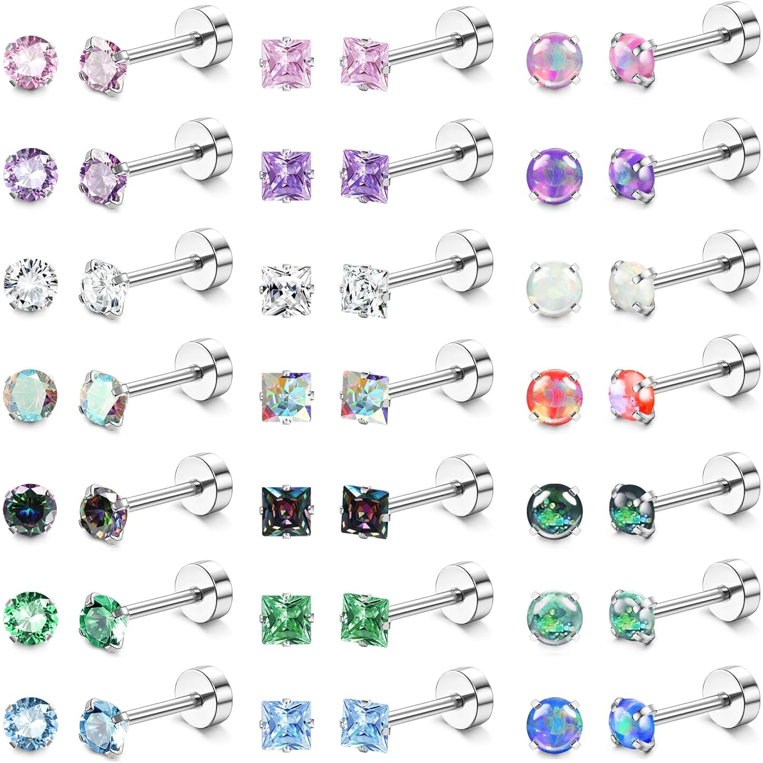 2d Flat, 21-pair Pack Hypoallergenic Surgical Steel Earrings - Flat Back Screw-back Cartilage & Multiple Piercing Studs, Small Flatback Piercing For , , & Closure (21 Earrings)