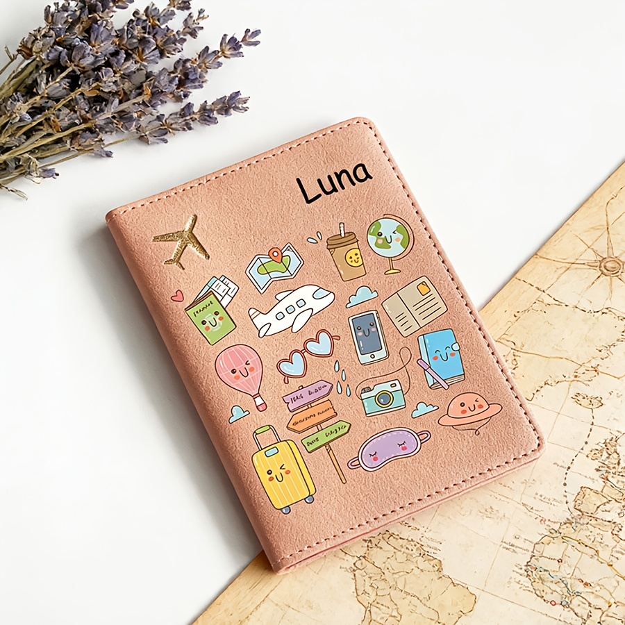 TEMU 1 Custom Text Letter Name Passport Holder - Cute Cartoon Travel , Lightweight Open-closure Design, Suitable For Business, Vacation, And Formal