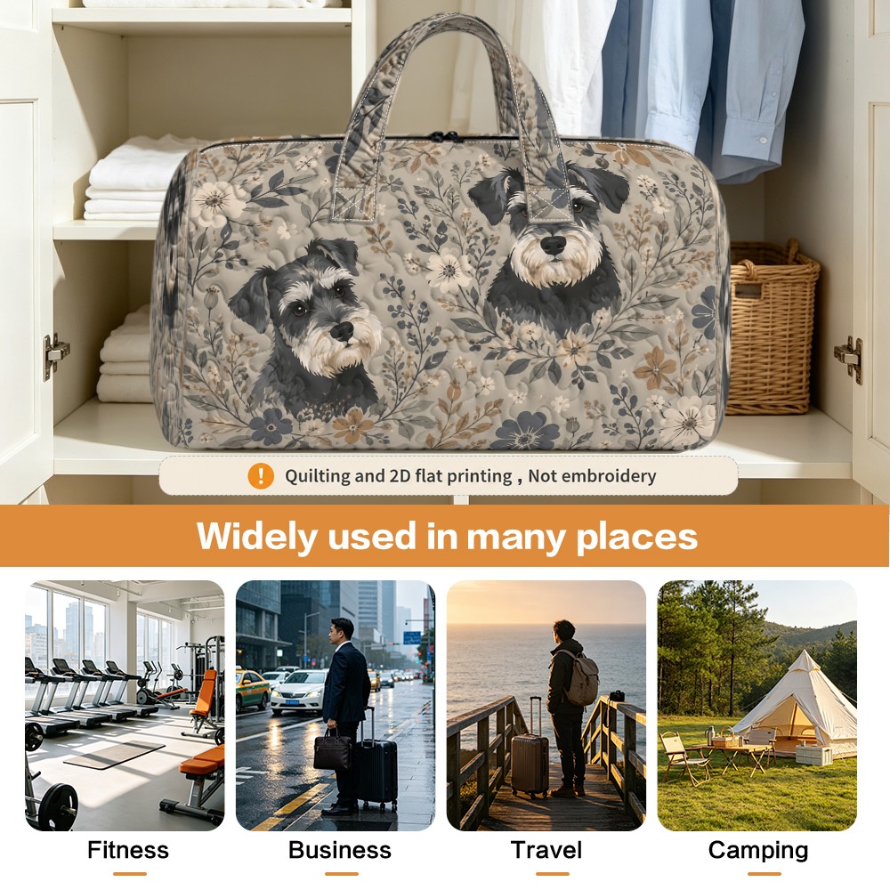 item picture 2d flat 1pc vintage floral miniature schnauzer patterned lightweight quilted handbag zipper closure with sturdy handles versatile bag for shopping hiking and travel non