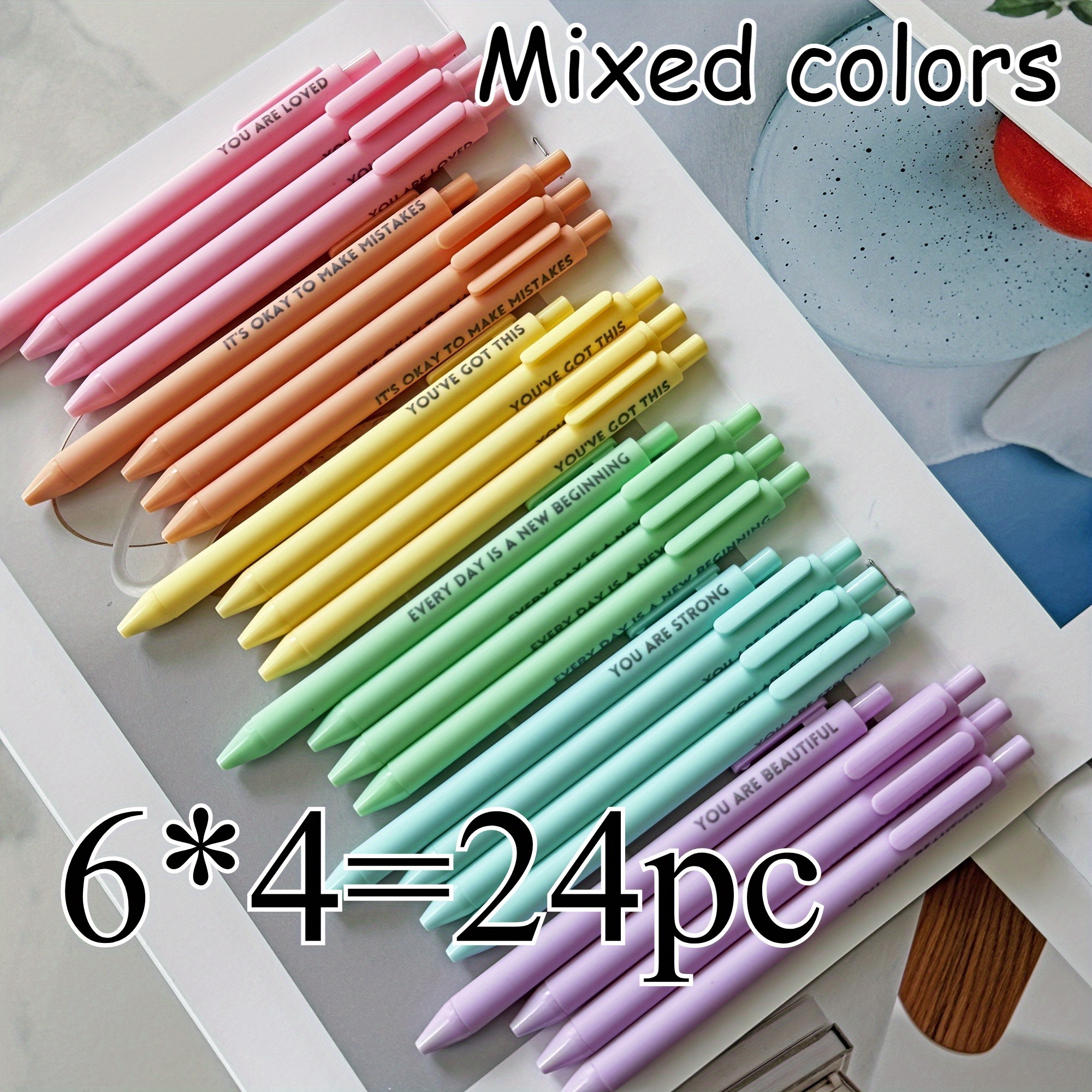 E-shop 24er-Pack Pastell Motivations- und Inspirationsstifte - Einziehbare, positive Stifte, schwarze Tinte, einfacher Clip, Gummi-Kugelschreiber -