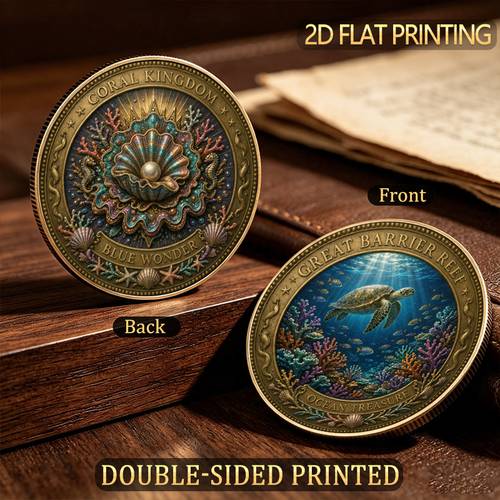 replica 2 sided flat print 1pc ocean themed replica 1 57 inch front turtle coral printed pattern back shell pearl texture collectible ornament gift for relatives friends with protective storage case