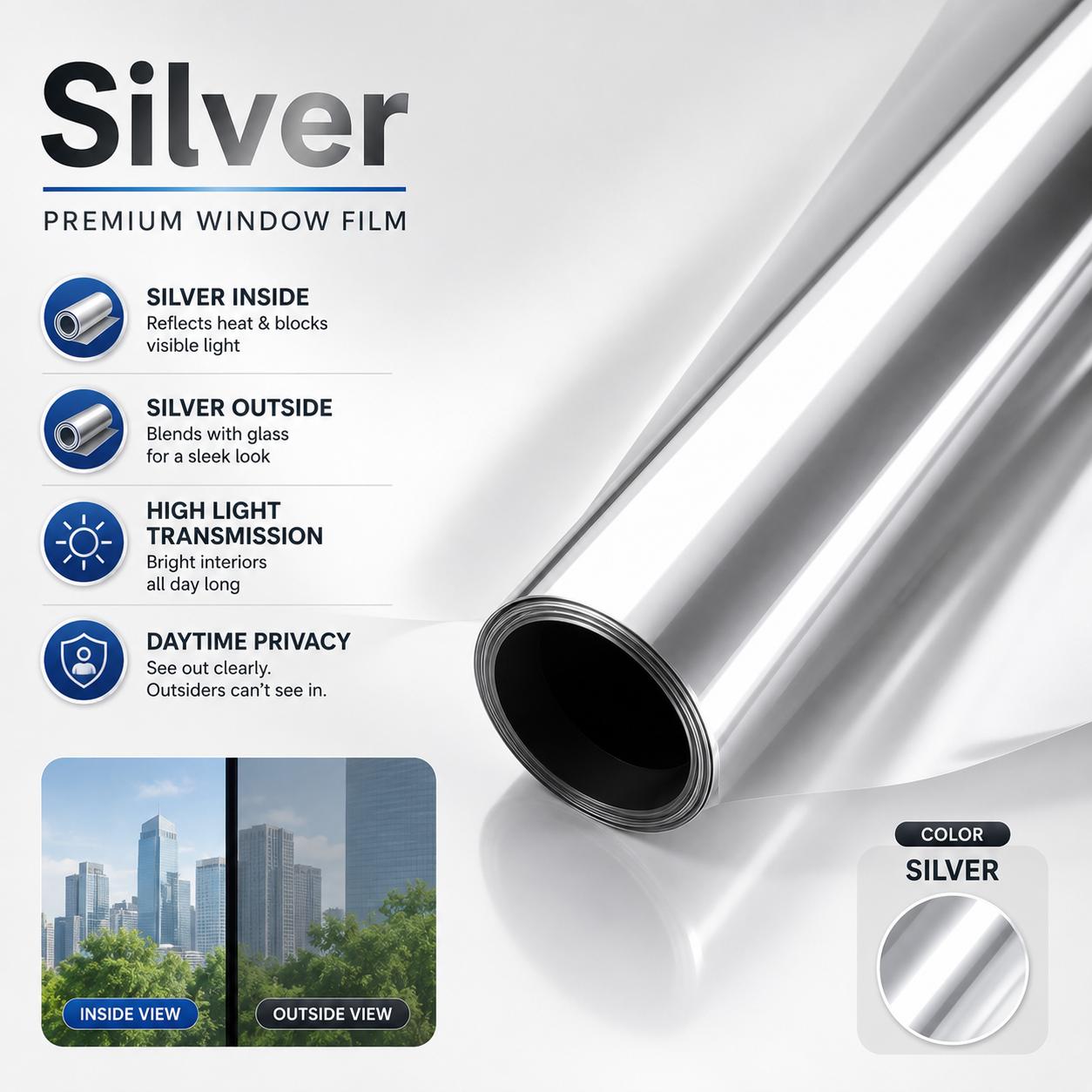 TEMU Film de confidentialité réfléchissant pour fenêtre, rouleau d'intimité colle pour , film de protection solaire noir-argenté et argenté -chaleur