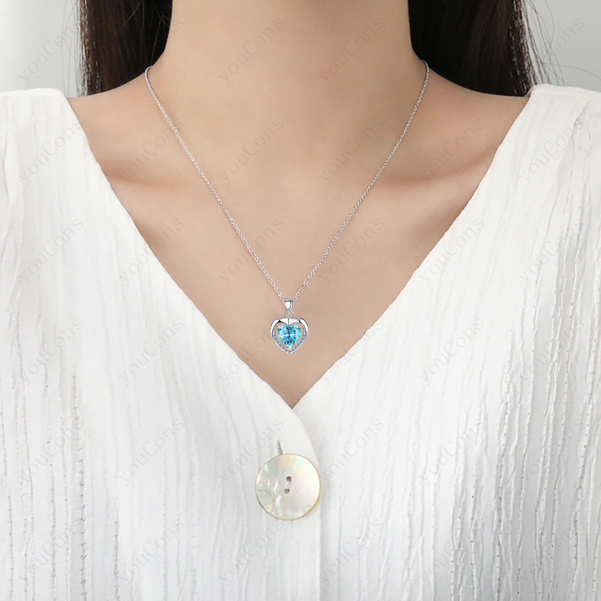 Light Blue Double Heart Pendant Necklace with Exquisite Gift Box, Romantic Gift