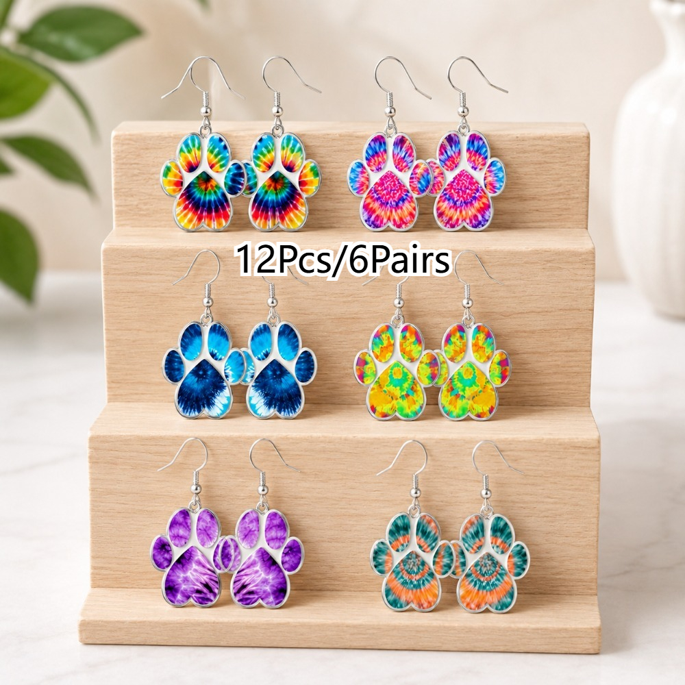 TEMU 12 piezas/6 de aretes coloridos de estampado de de pata tie-dye, joyería adorable para mujeres amantes de , perfectos para regalos con temática