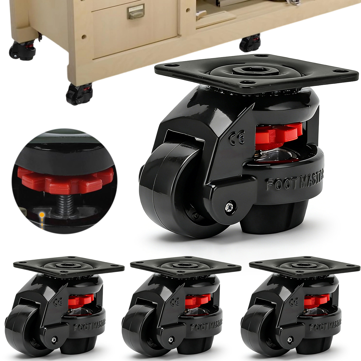 Image of 4 Pack 360° Rotation Leveling Casters | 1000kg Load Capacity, Height Adjustable, Metal, Anikers Brand For Furniture, Workbench, Kitchen Island