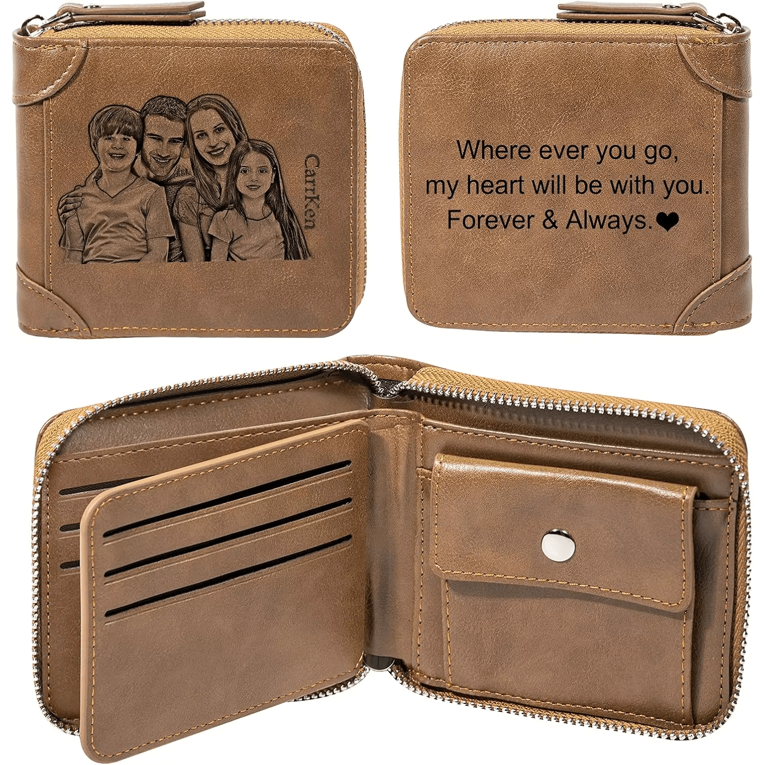 Men's Wallets Featuring Personalized Photos And Engraved Messages, Perfect As A Birthday Or Father's Day Gift With A Zipper Bifold Design