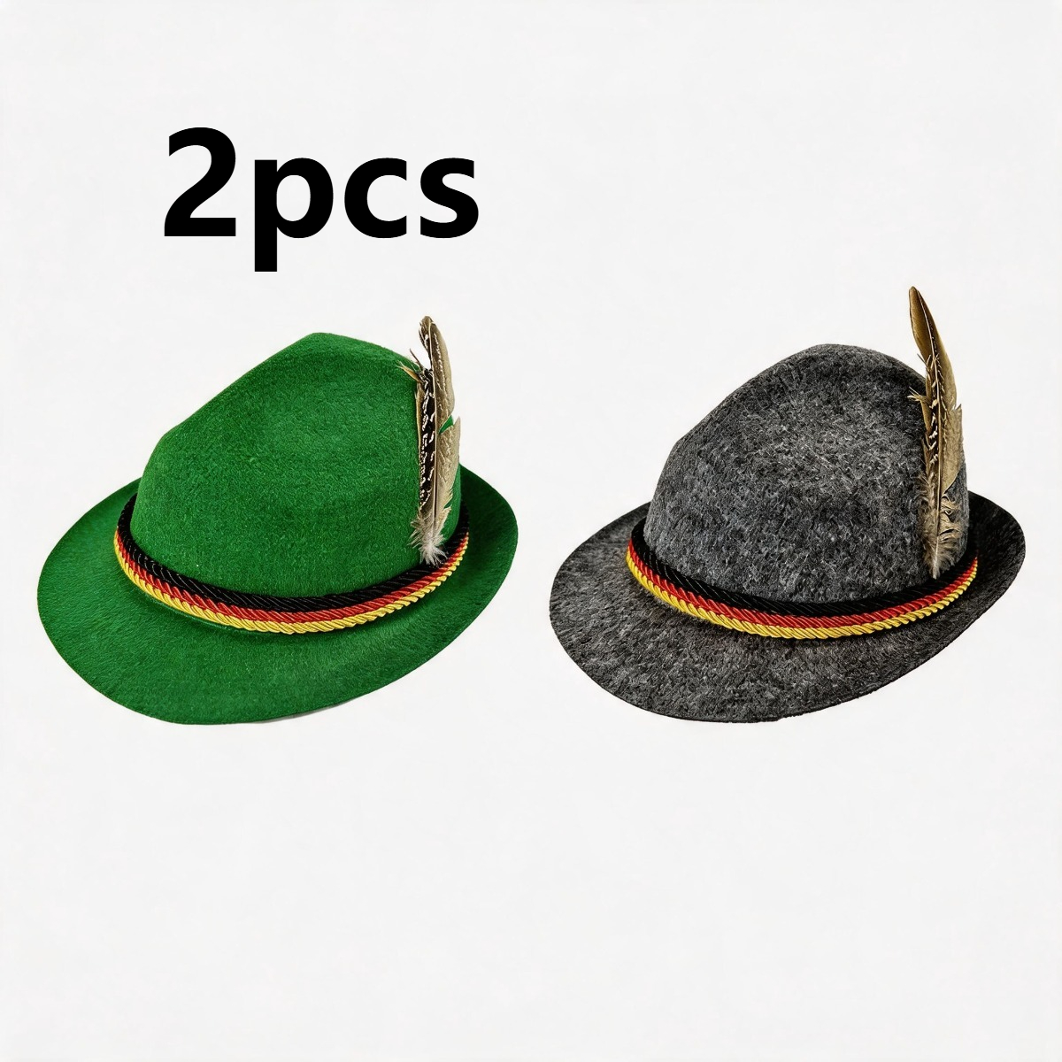 TEMU 2pcs Oktoberfest Style Fedora Hats, Green And Dark Gray Felt Trilby Hats With Feather And German Flag Trim For Oktoberfest Parties, Costume