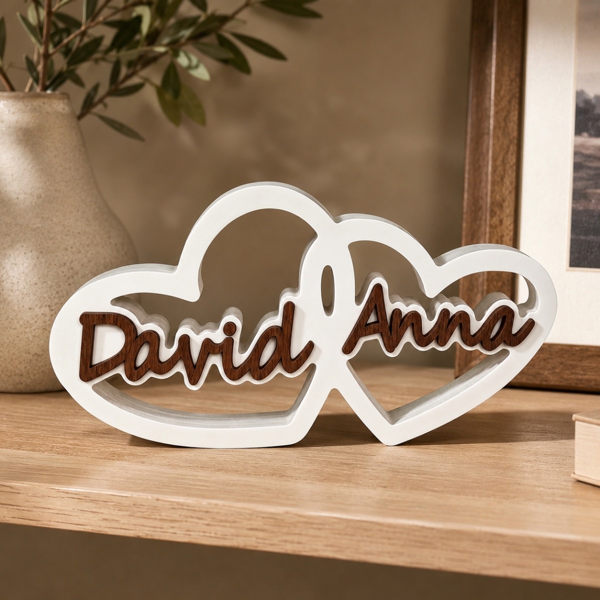 TEMU Custom Interlocking Tabletop Sign, White Pvc Linked Heart Frame With Pink Wood Cutout Couple Names, Freestanding Desktop Ornament, Wedding
