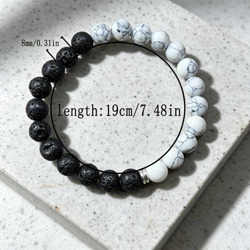 Unisex Handmade Black Rock and White Veined Stone Bead Bracelet
