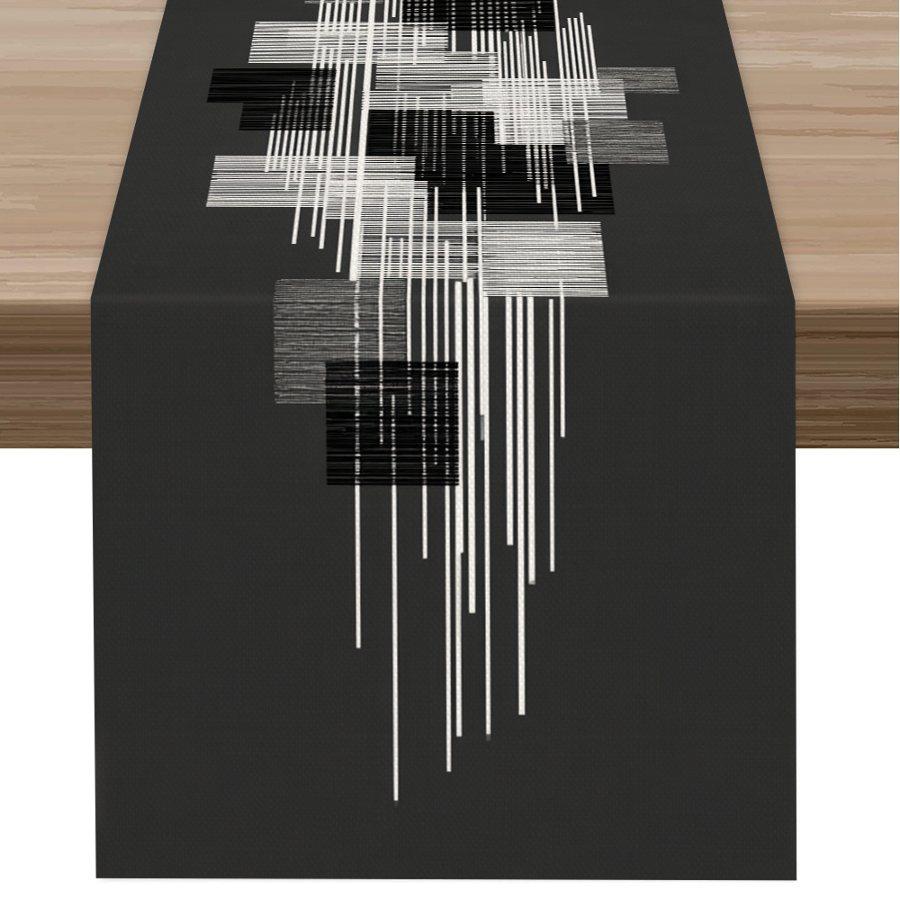 TEMU 1pc Abstract Geometric Scattered Table Runner, Modern Composition Table Runner, Black White Gray Neutral Tones, Polyester Tablecloth, Long Print