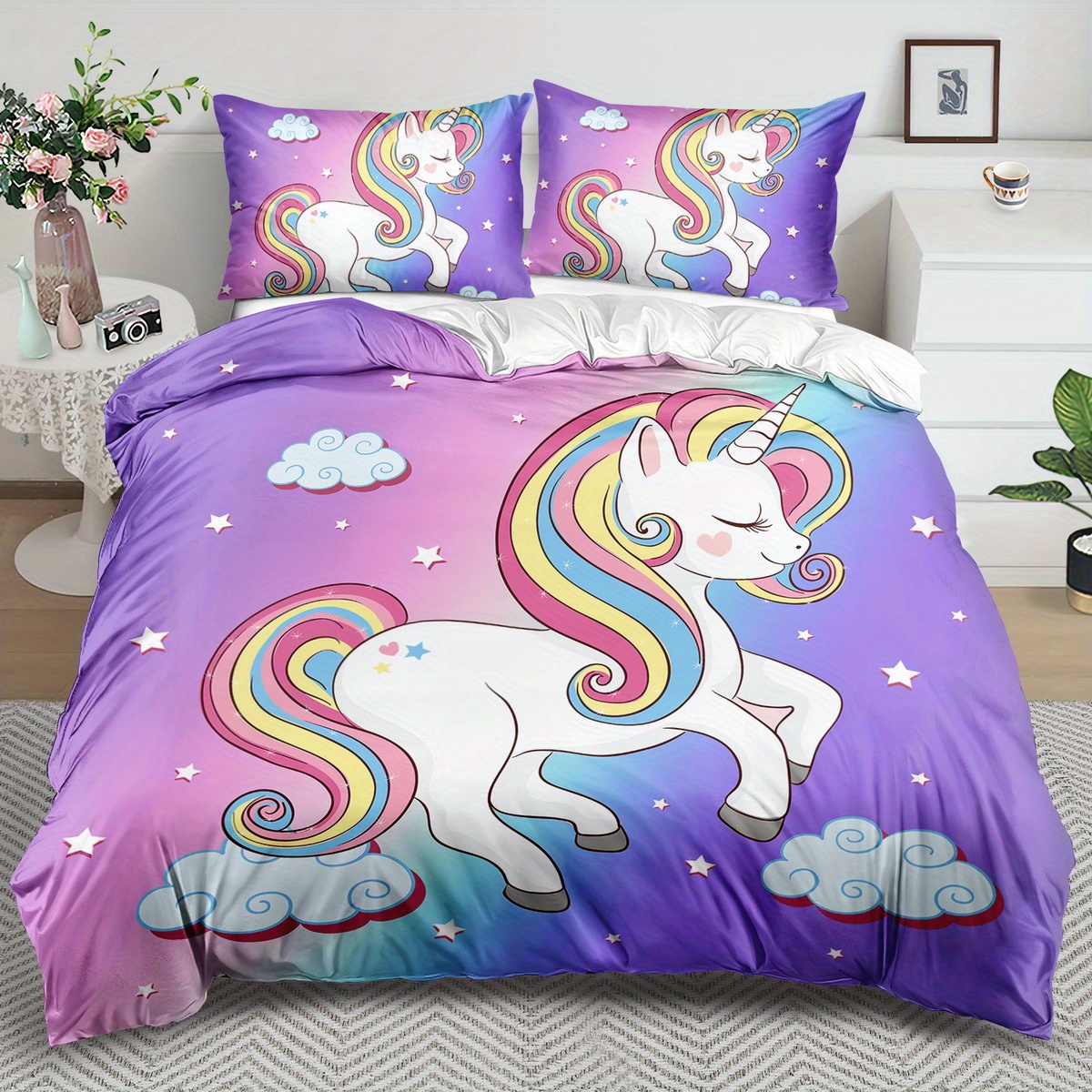 

Unicorn Theme Set - 2/3pcs, , Comfortable And , Unicorn Bedding Set, Set, 100% Washable, Suitable , Suitable For Bedroom Or , Including 1 + 1 Pillowcases, Does Not