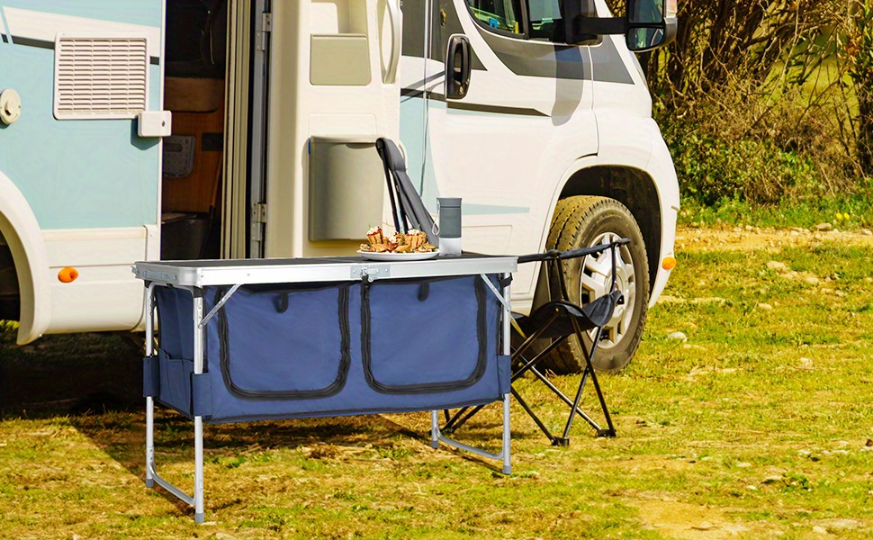 Bonnlo 4ft Folding Table with Storage Aluminum Camping Picnic Table Adjustable Height for Outdoor Beach BBQ Backyards Travel Party Garden Patio Folding Dining Table Black/ White Foldable Table Camping Gear and Equipment