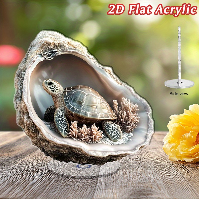 E-shop 2D Flat - 2D Acryl Schildkröten Dekoration für eine Muschel Tischplatte, mit einem realistischen Meereslebensdesign, einem drehbaren Sockel und