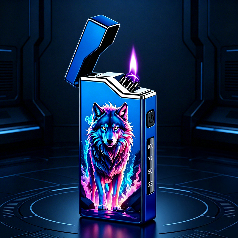 TEMU Beygo Usb-c Rechargeable Electronic Lighter With Wolf Display & Wolf Print - Usb- Double Arc Ignition Suitable For Outdoor Survival, Travel,