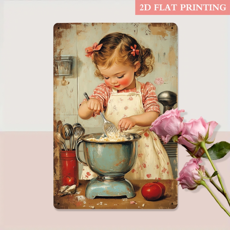 TEMU 2d Flat- A 2d Flat Piece Featuring A Metal Decorative Sign Of A Baking Little Girl, Measuring 20.32x30.48, With A Vintage Aesthetic. A Sweet