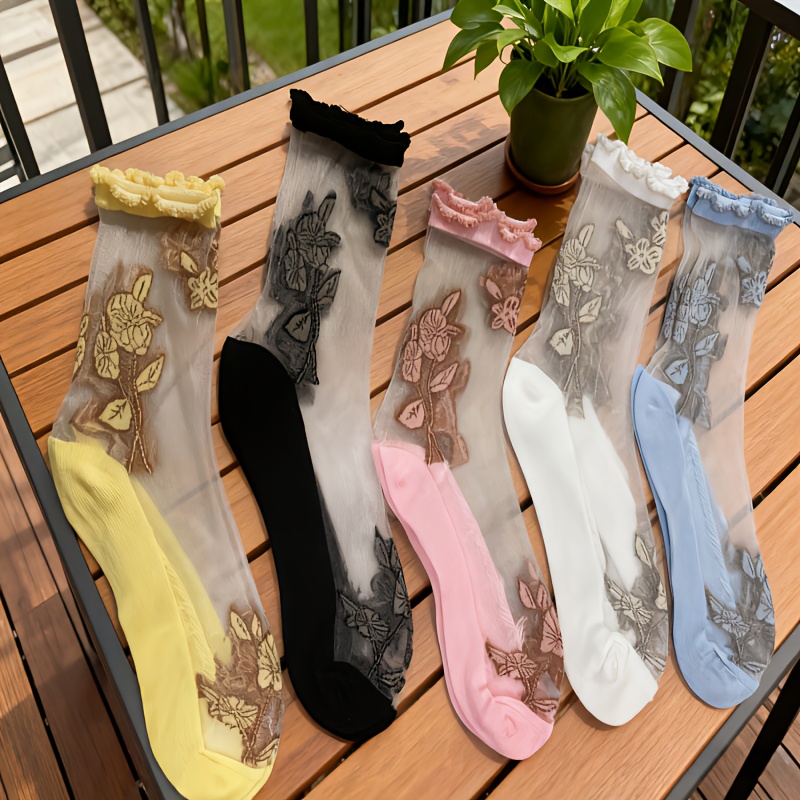 TEMU 5 Pairs Of Women's Summer Breathable Floral Crystal Decorated Mid-calf Socks - Moisture-wicking, Odor-resistant, Series With Design, Machine