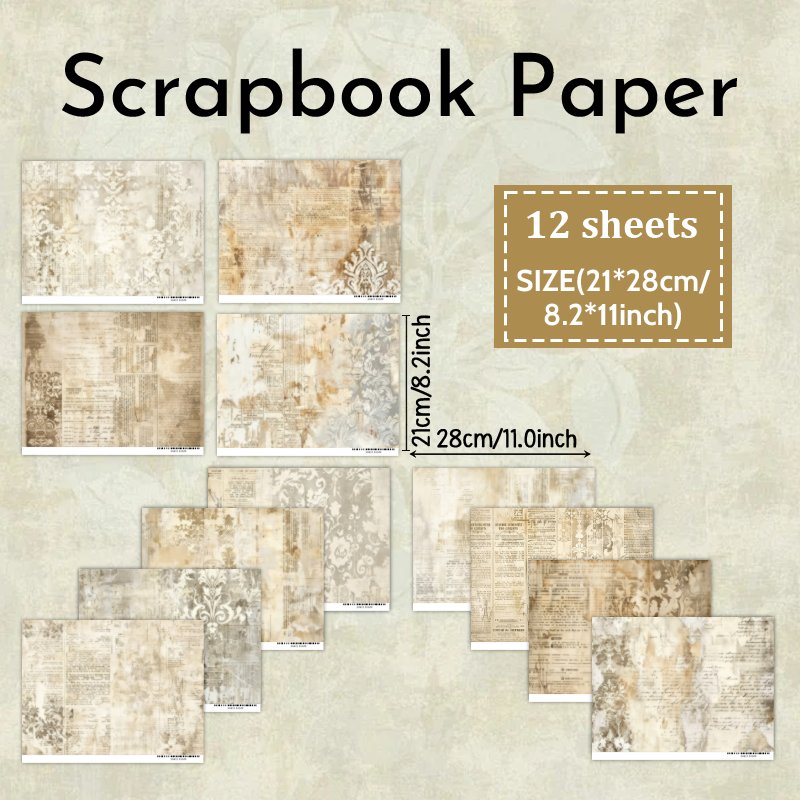 TEMU [upgraded Thickened Paper, High-quality Printing] 12 Sheets A4 Scrapbook Paper, Beige Vintage Texture Theme, Craft Supplies, Scrapbooking