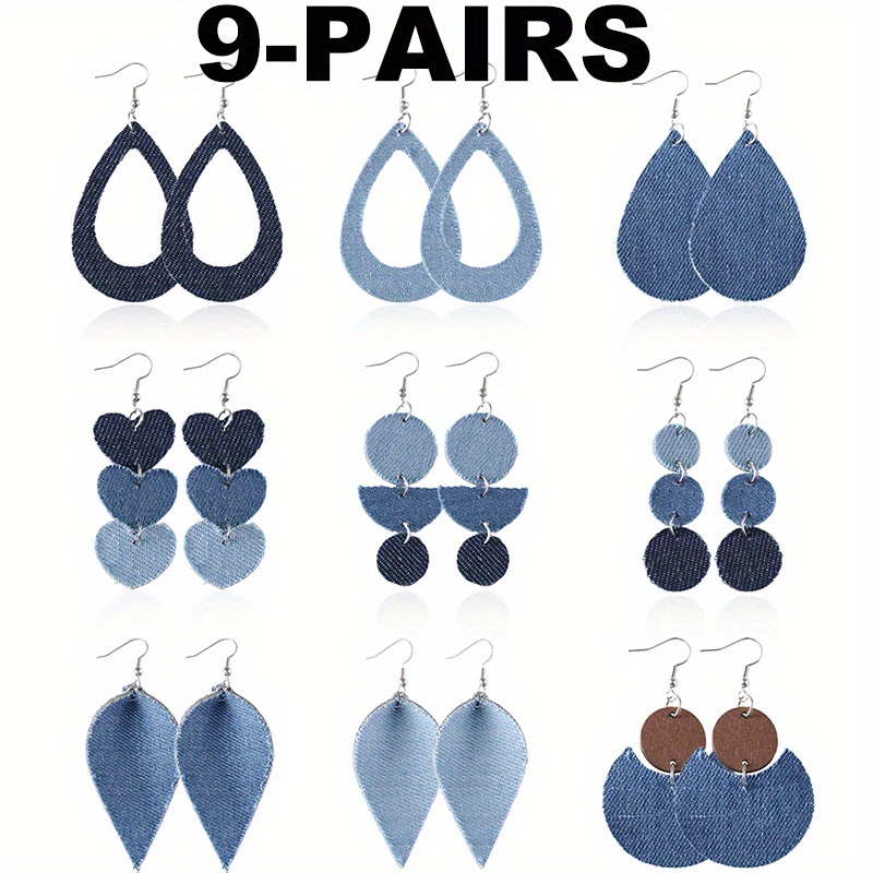 TEMU 9 Pairs Women's Blue Earring Set - Bohemian Round Half-circle Crescent Heart Drop Earrings Geometric Denim Drop Earrings Vintage Denim Boho