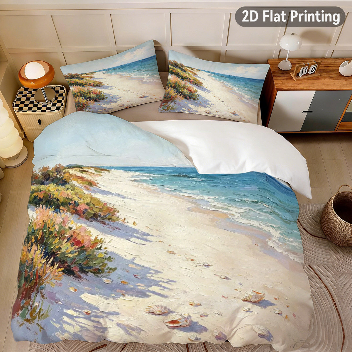 TEMU 2d Flat 3pcs Soft, Comfortable Duvet Cover Set, Travel, Includes 1 Duvet Cover And 2 Pillowcases, Beach Landscape With Sand And Ocean, Ideal For