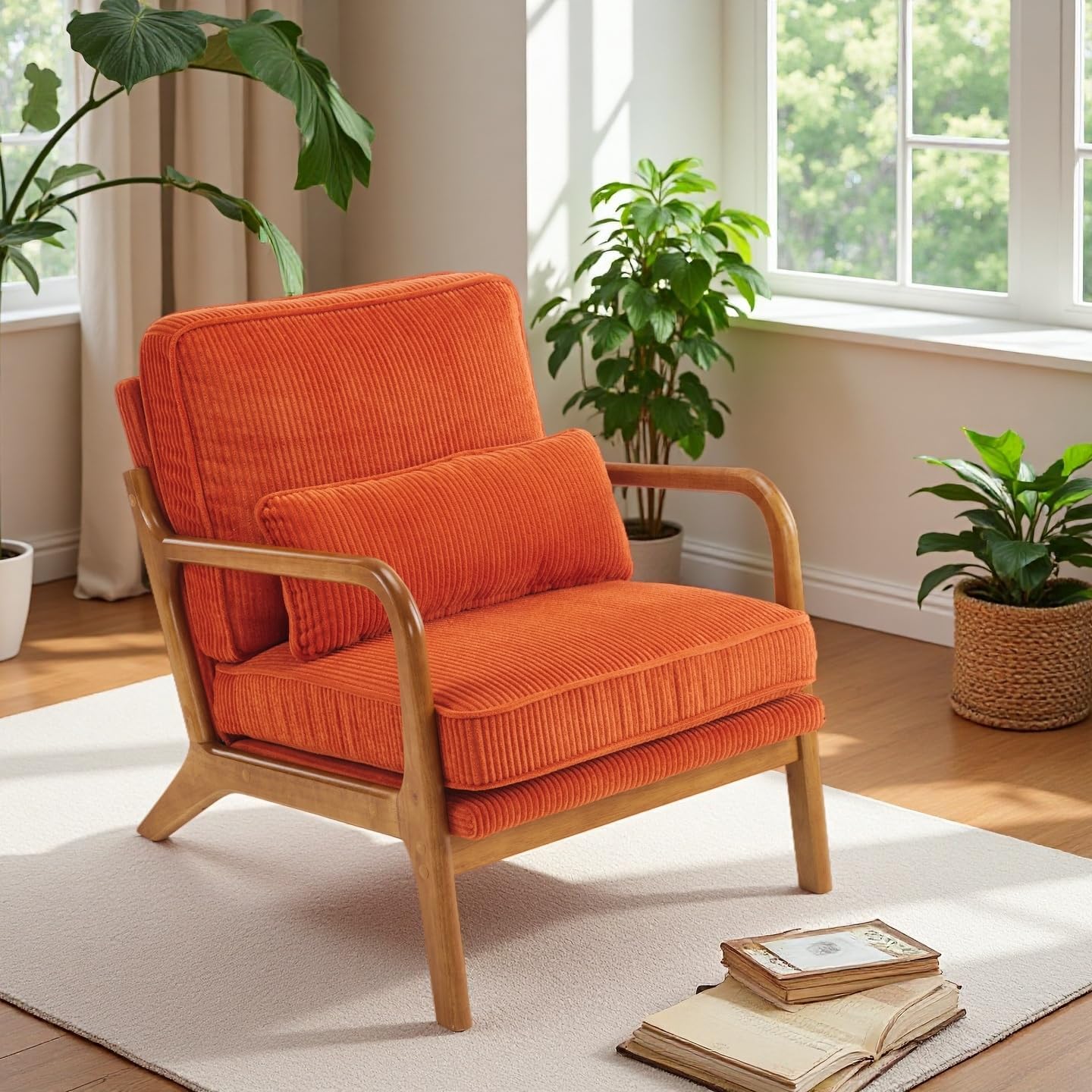 Image of Bonnlo Upholstered Cocktail Chair, Modern Wingback Chair With Corduroy Fabric And Solid Wood Frame, Reading Chair, Load Capacity Up To 200 Kg, Orange