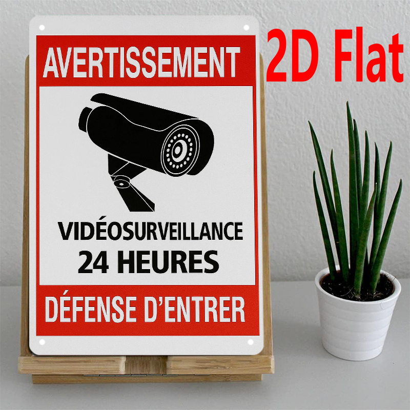 TEMU Panneau Plat 2D - Panneau en Fer 2D | Panneau Décoratif 20X30 Cm avec Avertissement Français "Surveillance Vidéo 24 Heures, Interdiction