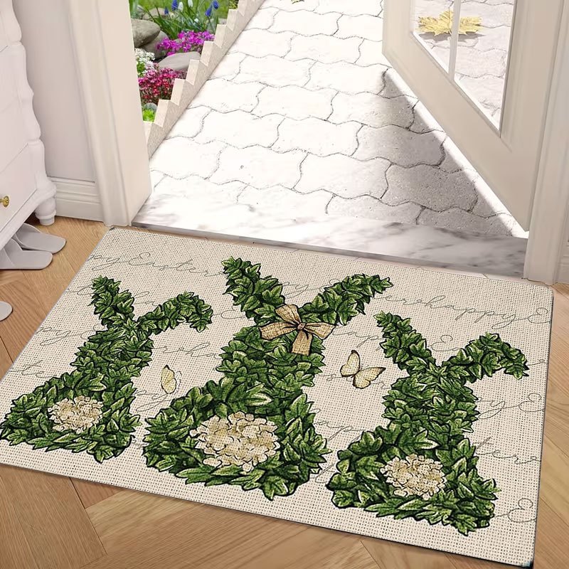 TEMU 1pc Indoor Entrance Welcome Doormat Outdoor Mat Green Bunny Topiary With Bow And Print Pattern Flannel Material Nonslip Comfortable Easy For