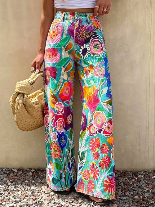 vintage washed womens jeans bohemian printed straight leg pants high waist casual flared jeans loose wide leg trousers versatile pocketed long pants