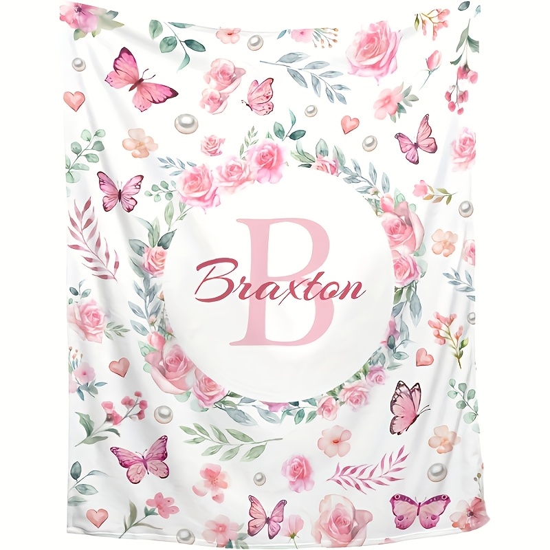 TEMU Custom 1pc Creative Floral Printed Name Personalized Fleece Blanket, Customizable, Holiday Blanket, Birthday Gift, Gift Blanket, Versatile,